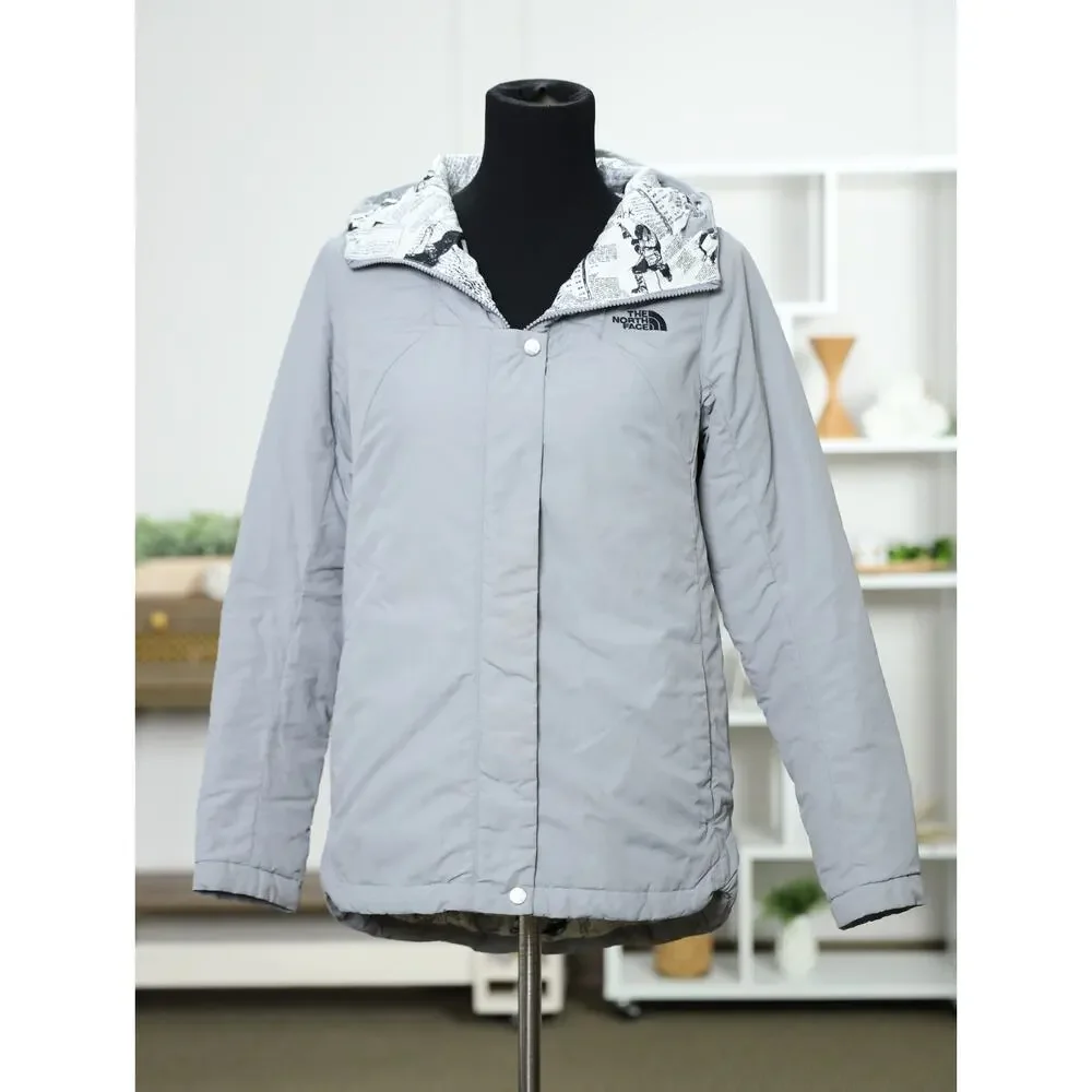 Rare The North Face Gray Hooded Insulated Jacket Newspaper Print Lining Gorpcore
